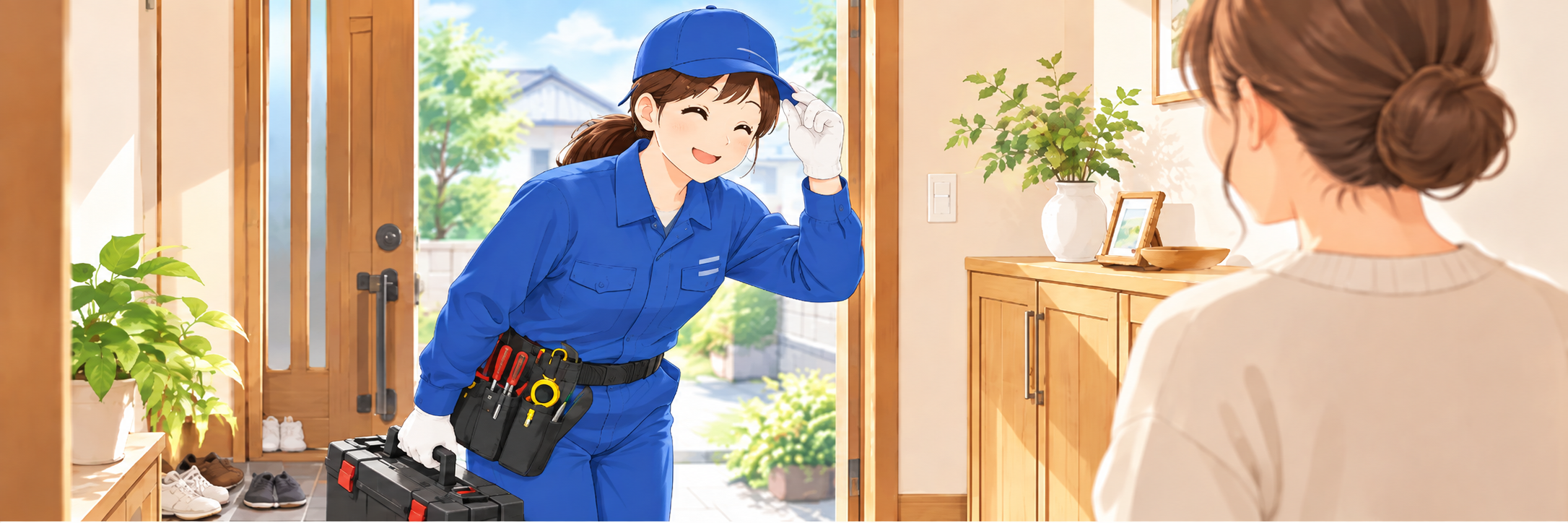 工具箱を持ったスタッフが玄関先で挨拶し、お客様が出迎えている様子（イメージ）